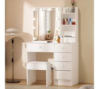 Saimeihome - Toeletta per trucco per camera da letto dei bambini, bianco, tavolo per trucco 80x36x130cm con illuminazione LED, sgabello, 5 cassetti e pratico specchio scorrevole