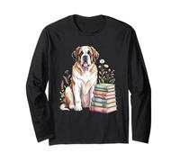 Saint Bernard Dog Bookworm Flowers Book Reading Books Maglia a Manica