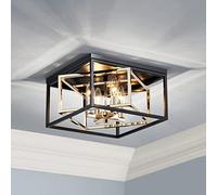 Saint Mossi 20046G Moderne Deckenleuchte mit flachem Design, nahezu bündig mit der Decke, E14-Basis für 3 Lampen, L30cm x B30cm x H17,5cm, matt schwarz & glänzend goldene Oberfläche des Metallrahmens.