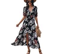 Saiqigui Abito Estivo da Donna, a Maniche Corte, con Scollo a V, Motivo Floreale, Stile Boho