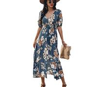 Saiqigui Abito Estivo da Donna, a Maniche Corte, con Scollo a V, Motivo Floreale, Stile Boho, Blu, M
