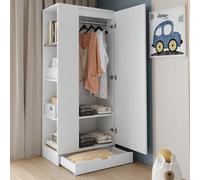 Sairedel Armadio 70x40x170 cm in bianco pulito - Armadio a una porta con ripiani e cassetti - Spazio salvaspazio (bianco + legno)