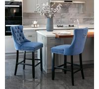 Sairedel Contemporary Velvet Upholstered Barstools with Button Tufted Decoration and Wooden Legs, and Chrome Nailhead Trim,Bar stools, Set of 2 (Gray),DE2002GY (Blue + Velvet + Foam)