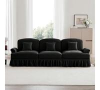 Sairedel Divano bruco nero a 3 posti metà secolo - braccioli a imbuto, gonna con volant rimovibile e piedini a mandrino per un'eleganza senza tempo