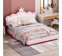 Sairedel Kinderbett Polsterbett 140 * 200cm mit Lattenrosten und Rückenlehne, Mädchenbett mit Kronenformung, rosa(Matratze nicht enthaltet)