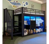 Sairedel Letto a castello 90x200 cm in nero - Con illuminazione a LED, 2 cassetti e armadio aperto - Un sacco di spazio di archiviazione, senza materasso