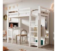 Sairedel Letto a soppalco con scrivania Armadio aperto e mensole Culla con telai a doghe e protezione anticaduta singolo Superficie sdraiata 90x200 cm -109x206x184cm (BxLxH) -bianco