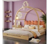 Sairedel Letto ad arco espandibile,scorrevole, culla, divano, matrimoniale, cuscino, cornice di pino, naturale e arancione (140x100cm & 140x200cm)