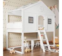 Sairedel Letto di casa, con scala, protezione anticaduta e griglia, Due finestre grigie, culla finestra,dal design libero, cornice di pino, pino + MDF, bianco + grigio, 90x200cm