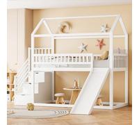 Sairedel Letto per culla 90 * 200 cm, a soppalco, con scivolo e scala ripostiglio, struttura alta recinzione, Massivholzbettrahmen, telai a doghe, femmina (Bianco + Legno + Camera da letto-1)