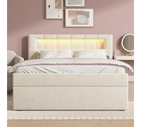 Sairedel Letto piatto, 90 * 200 cm, imbottito, luce d'atmosfera a testa del, apertura su un lato, design minimalista, ampio spazio portaoggetti, testiera regolabile, beige (Beige + + 90 cm * 200 cm)