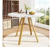 Sairedel Runder Esstisch (80×80×75cm), Küchen-Esstisch, runder Couchtisch für 4 Personen, geeignet für Esszimmer, Wohnzimmer, Tischbeine aus Metall, weißes Marmormuster und goldene Tischbeine