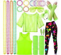 SaiXuan 26 PCS Set Neon Anni '80, Vestiti Anni 80 Donna, Gilet Fluorescenti, Fascia per Capelli, Orecchini, Collana, Guanti in Rete, Come Costume Anni 80 Donna per Feste a Tema e Spettacoli (XL)
