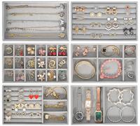 SaiXuan 6 Pezzi Organizzatore Gioielli, Jewelry Organizer in Velluto, Organizer per Gioielli, Anelli, Orecchini, Collane, Bracciali, Orologi, per Vassoi Organizer da Cassetto (Grigio)