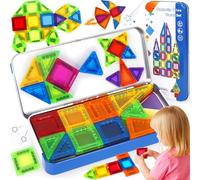 SaiXuan Costruzioni Magnetiche per Bambini 42 Pezzi, Mini Magnetic Tiles Set Educativo in Scatola di Latta 19x9x2 cm, Blocchi Magnetici Colorati STEM da Viaggio per Bambini 3 4 5 Anni