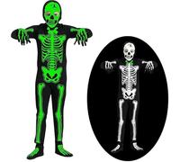 SaiXuan Costume Scheletro Bambino Luminoso, Costume Halloween Bambino Glow in the Dark con Tuta Intera, Cappuccio, Guanti e Copripiedi, Vestito Scheletro 6-12 Anni Unisex per Feste e Cosplay