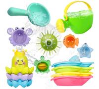 SaiXuan Giochi Bagnetto Neonato 14 Pezzi, Set Giochi Vasca da Bagno Bambini con Annaffiatoio, Ruota d’Acqua, Bicchieri Impilabili e Barchette, Giochi Bagnetto Neonato Atimuffa per Bagno e Piscina