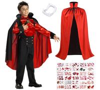SaiXuan Mantello Vampiro, Nero Rosso Capa Costume Vampiro 150cm con Cappuccio, Denti da Vampiros,antello Dracula, Costumes Halloween Vampiros per Festa a Tema, Cosplay, Carnevale