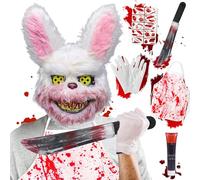 SaiXuan Maschera Coniglio Horror con Accessori - Costume Halloween Adulto 6 Pezzi con Cape Insanguinato, Guanti, Coltello Finto, Sangue e Tatuaggi, Set Cosplay Horror per Feste, Halloween