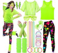 SaiXuan Set di 26 vestiti da donna al neon anni '80, maglia a rete, giubbotti fluorescenti, fascia, orecchini, collana, guanti a rete, abbigliamento da donna anni '80, feste a tema, spettacoli sul