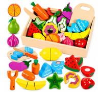 SaiXuan Set di Giochi in Legno per Bambini, Frutta da Tagliare Giocattolo, con Pelapatate/Coltello in Legno/Tagliere, Cibo Finto per Cucina, Ideale Regalo per Bambini dai 3 Anni