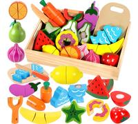 SaiXuan Set di Giochi in Legno per Bambini, Frutta da Tagliare Giocattolo, con Pelapatate/Coltello in Legno/Tagliere, Cibo Finto per Cucina, Ideale Regalo per Bambini dai 3 Anni