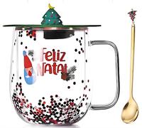 SaiXuan Tazza di Natale Doppia Parete in Vetro Borosilicato con Coperchio ad Albero e Cucchiaio Dorato - Bicchiere Natalizio Trasparente con Glitter, Idea Regalo Donna per caffè, Latte o tè