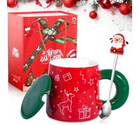 SaiXuan Tazze Natalizie, Tazza Divertente, Tazza Colazione Rosso, Mug Caffe con Cucchiaio Carino, Coperchio Della Tazza Verde, Manico, Motivo Natale, Idea Regalo Uomo e Donna, Ceramica
