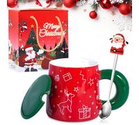 SaiXuan Tazze Natalizie, Tazza Divertente, Tazza Colazione Rosso, Mug Caffe con Cucchiaio Carino, Coperchio Della Tazza Verde, Manico, Motivo Natale, Idea Regalo Uomo e Donna, Ceramica