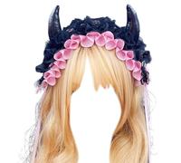 Saiyana Fascia per capelli creativa da donna con corno diavolato, pieghettata, in pizzo, per la cura della pelle, per Halloween, foto (rosa)
