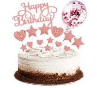 saizone Cake Toppers, 15PCS Happy Birthday Cake Decoration Stelle Cuore Cupcake Topper con Palloncino Glitterato Compleanno Cupcake Toppers Decorazioni per Torte Tema Decorazioni per Feste (Oro Rosa)