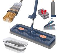 Saker Plus - Set di mocio piatto grande e secchio con 6 panni in microfibra, larghezza 42 cm, rotazione a 360°, lavaggio a umido e a secco, blu, manico da 137 cm (blu)