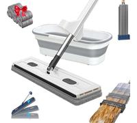 Saker Plus - Set di mocio piatto grande e secchio con 6 panni in microfibra, larghezza 42 cm, rotazione a 360°, lavaggio a umido e a secco, blu, manico da 137 cm (bianco)