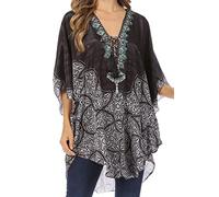 Sakkas KF60017AT - Balloon Top Tallulah Ampia Rivestimento del Collo Circle Camicetta Poncho Top con Il Legame con Perline - Nero/Multi - OS