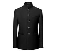 Sakko Uomo Primavera Autunno Tinta unita Collo Alto Cardigan Casual Giacca Tunica Cinese Vestito Slim Fit Vintage Tradizionale Cinese Sposo Abito Blazer, Nero , XXXXL