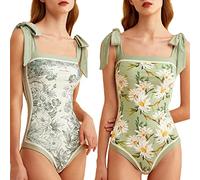 Saklifuo Costume intero da donna - Costume da bagno per le donne Controllo pancia Reversibile Bustier Stampa Floreale Monokini, Verde chiaro, 52