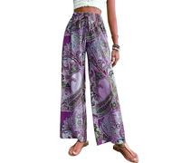 Saklifuo Pantaloni a palazzo da donna con stampa cachemire bohémien ad alta vita elastica pantaloni larghi, Viola, S