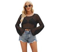 Saklifuo Top da donna a rete traforato all'uncinetto a maniche lunghe ritagliato camicetta trasparente copricostume da spiaggia, Nero , S