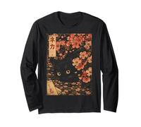 Sakura Cherry Blossom Japanese Cat Ukiyo-e Vintage Maglia a Manica