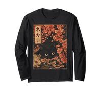 Sakura Cherry Blossom Japanese Cat Ukiyo-e Vintage Maglia a Manica