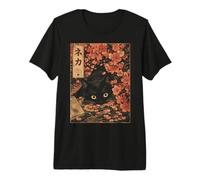 Sakura Cherry Blossom Japanese Cat Ukiyo-e Vintage Maglietta Premium