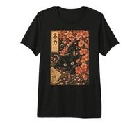 Sakura Cherry Blossom Japanese Cat Ukiyo-e Vintage Maglietta Premium