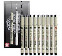 SAKURA Pigma Micron Fineliner Pigment Pen - Fine a Largo + Pennello - Impermeabile, Resistente allo sbiadimento e inchiostro nero permanente - Busta regalo - Set di 9 gradi