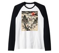 Sakura - Pittura a Inchiostro Giapponese con Albero e Montagne Maglia con Maniche Raglan