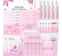 Sakura - Set da viaggio per la cura della pelle per ragazze adolescenti, 37 pezzi, mini kit da viaggio per la cura della pelle, tra cui siero, crema essenza, maschera di fango, crema per le mani