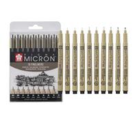 SAKURA Set di 10 penne Pigma Micron Fineliner – Inchiostro nero permanente, misure assortite