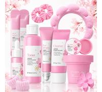 Sakura - Set regalo per la cura del viso, 14 pezzi, per ragazze | Con detergente, tonico Sakura, siero, crema, siero occhi, maschera per labbra, due maschere e 6 accessori per capelli rosa