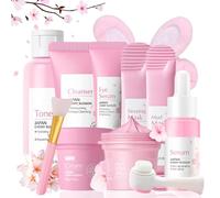 Sakura Skincare Set regalo da donna - Set per la cura della pelle del viso - Set Sakura per la cura del viso con detergente, toner, siero, crema, maschera - pulizia, umidità e tonificante, 10 pezzi