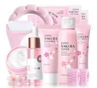 Sakura Skincare - Set regalo per ragazze con fiori di ciliegio, anti-invecchiamento, per la cura del viso, idratante, con rullo per il viso, toner, siero, crema