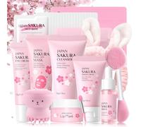 Sakura Skincare Set regalo per ragazze - Set regalo per donne - Set per la cura della pelle - pulizia delicata e nutriente - Set di bellezza per ragazze - con maschera di fango, siero, crema, spazzola